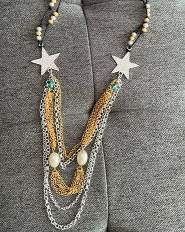 Black Two Tones Stars and Pearl Turkish Necklace