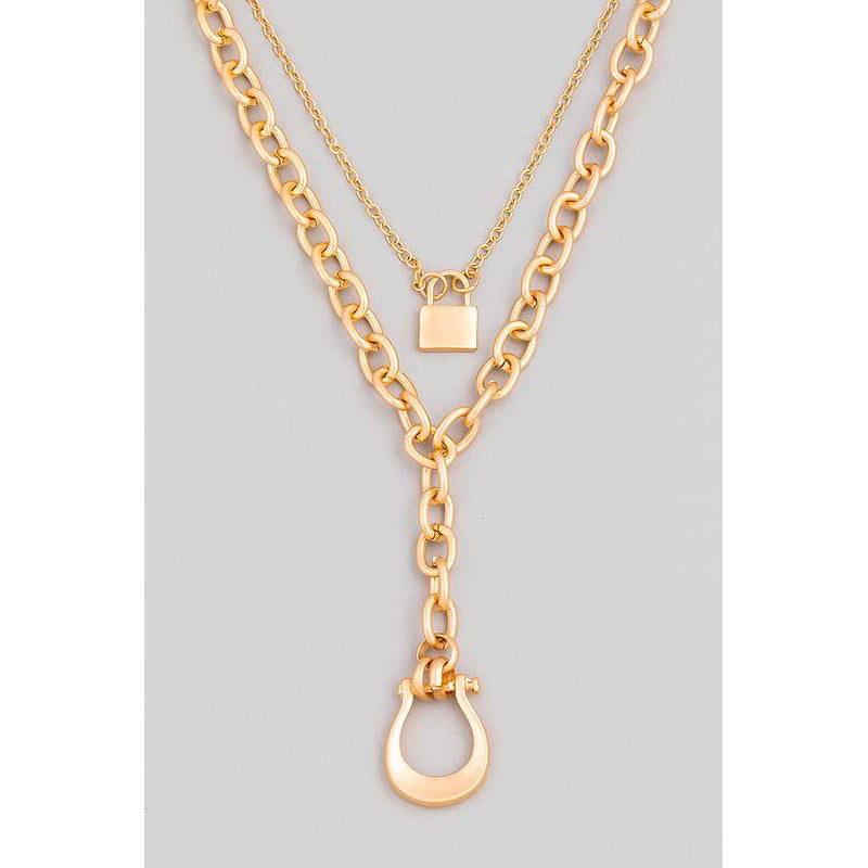 Layered Cable Chain Horseshoe Lock Pendant Necklace (Pick Color)