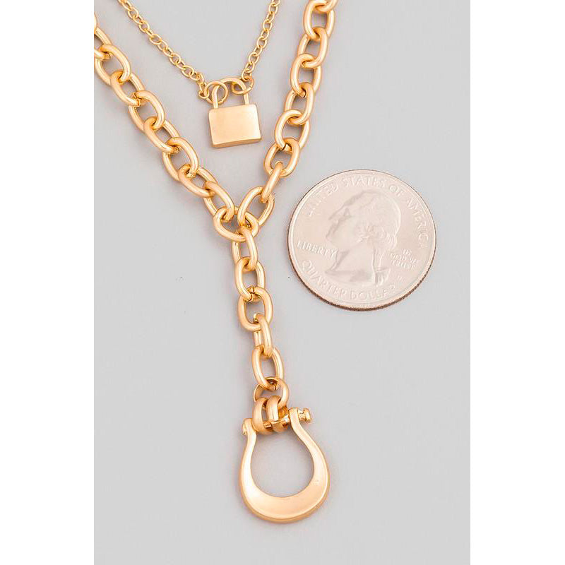 Layered Cable Chain Horseshoe Lock Pendant Necklace (Pick Color)