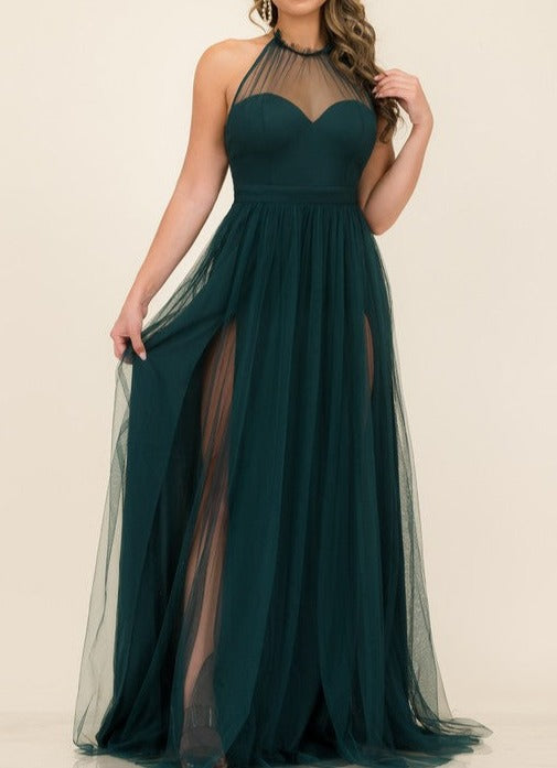 Halter Neck Double Slits Tulle Formal Dress