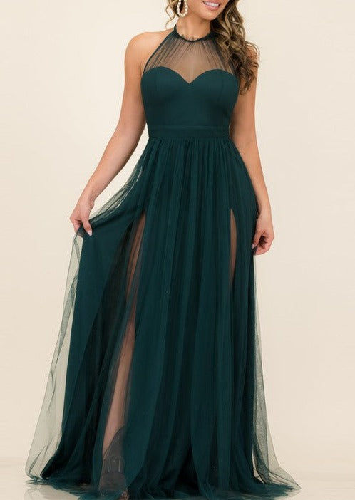 Halter Neck Double Slits Tulle Formal Dress