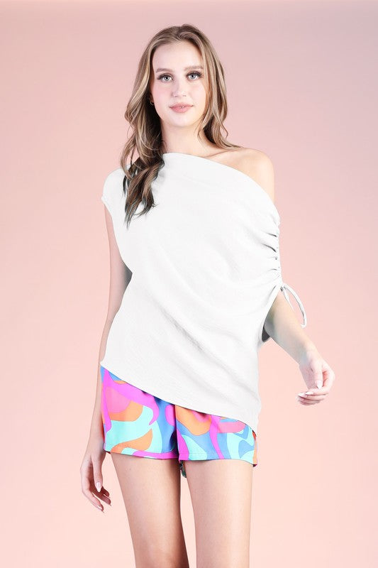Asymmetrical Off Shoulder Rouching Detail Top