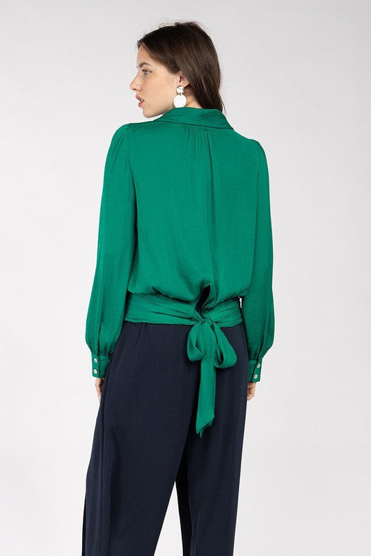 Long Sleeve Mock Neck Ruching Tie Blouse