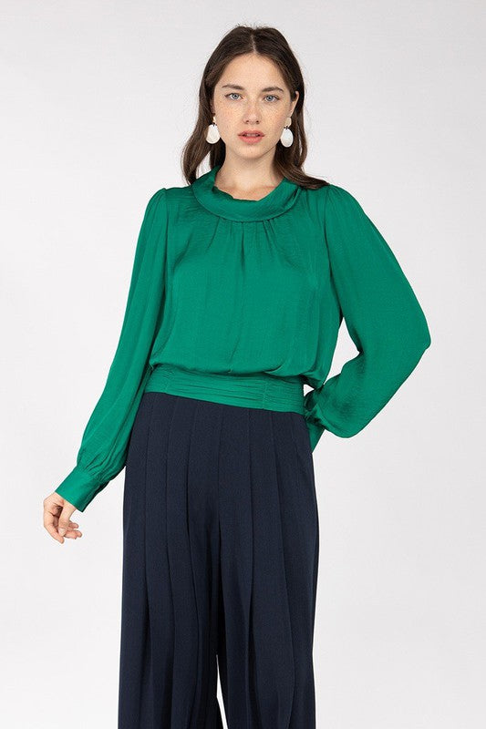 Long Sleeve Mock Neck Ruching Tie Blouse