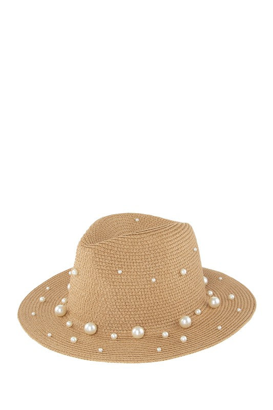 Pearl Details Straw Fedora Hat