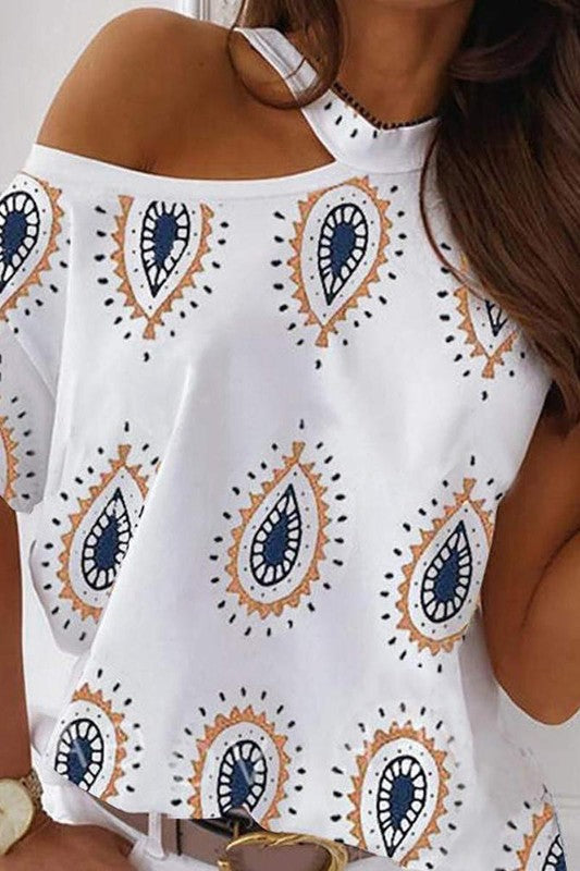 Paisley Print Cold Shoulder Casual Top