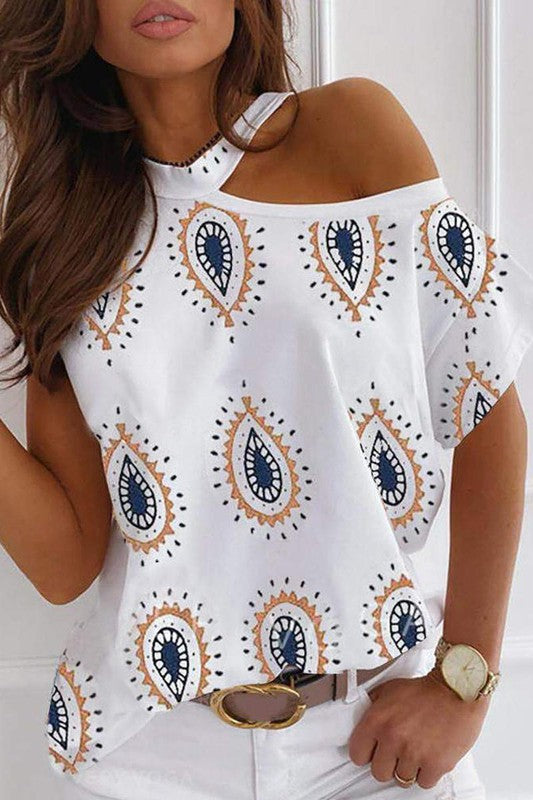 Paisley Print Cold Shoulder Casual Top