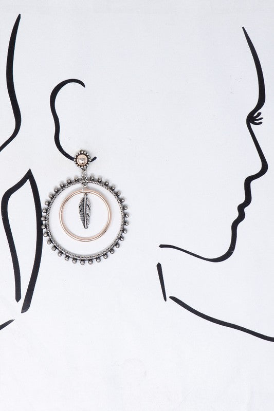 Two Tone Studded Hoop with Drop Leaf Earrings