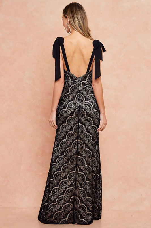 Bow Tie Strap Embroidered Slit Formal Dress