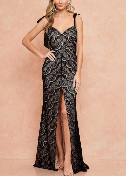 Bow Tie Strap Embroidered Slit Formal Dress