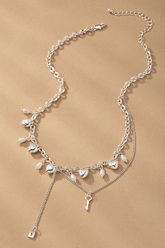 Puffy Heart And Pearl Drops Necklace (Pick Color)