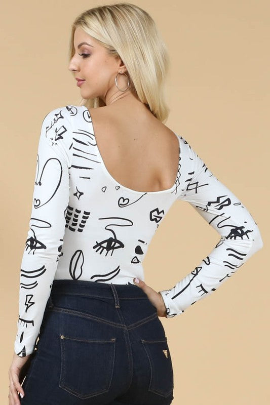 Long Sleeves Abstract Print Bodysuit