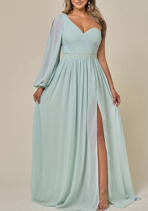 One Shoulder Chiffon Slit Formal Dress