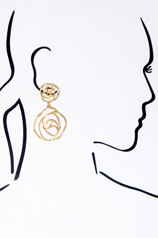 Openwork Hammered Metal Double Rose Drop Earrings (Pick Color)