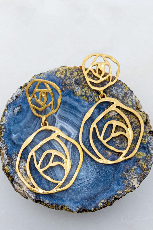 Openwork Hammered Metal Double Rose Drop Earrings (Pick Color)