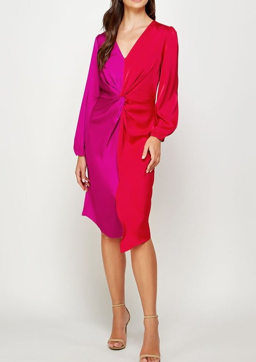 Front Twisted Detail Color Block Satin Dress