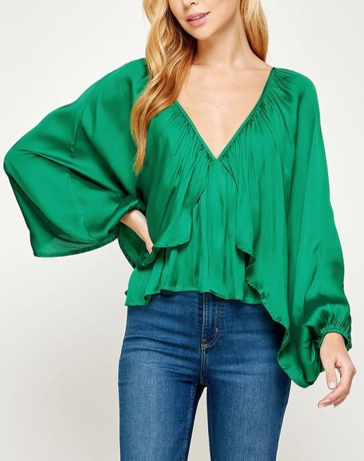 Shirred Balloon Sleeve Satin Blouse
