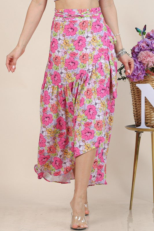Garden Flower Print High Waist Wrap Skirt