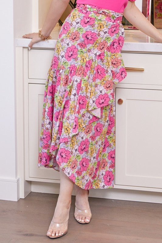 Garden Flower Print High Waist Wrap Skirt
