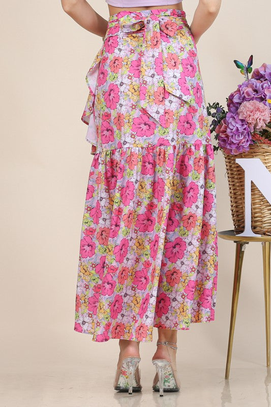 Garden Flower Print High Waist Wrap Skirt