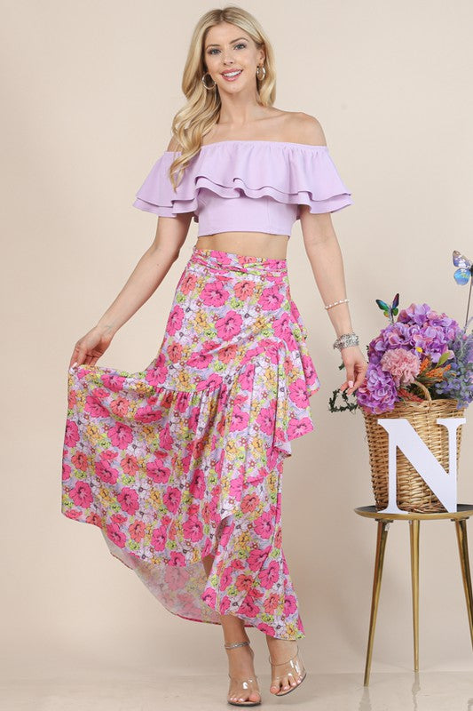 Garden Flower Print High Waist Wrap Skirt