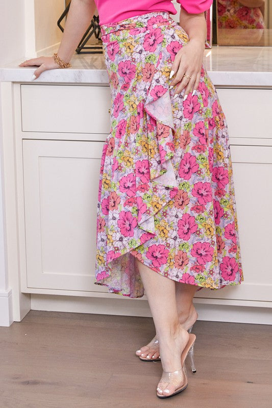Garden Flower Print High Waist Wrap Skirt