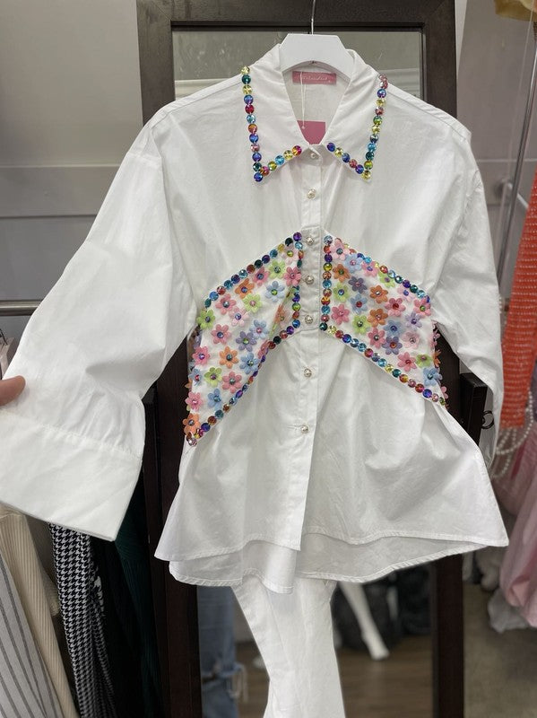 Colorful Stones Detail Button Down Blouse