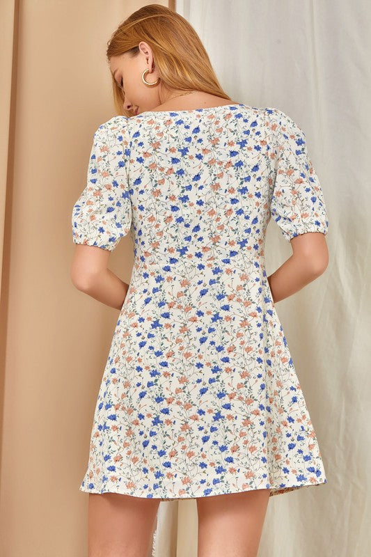 Floral Print Puff Short Sleeve Short Dress