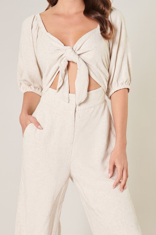 Linen Cut Out Tie Front Jumpsuit