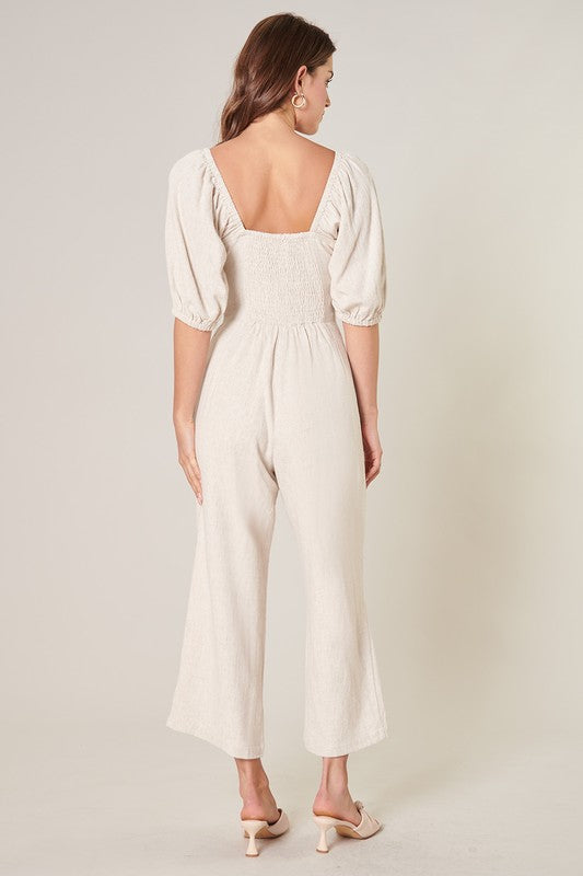 Linen Cut Out Tie Front Jumpsuit