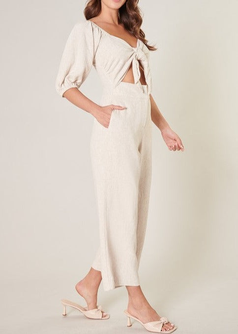 Linen Cut Out Tie Front Jumpsuit