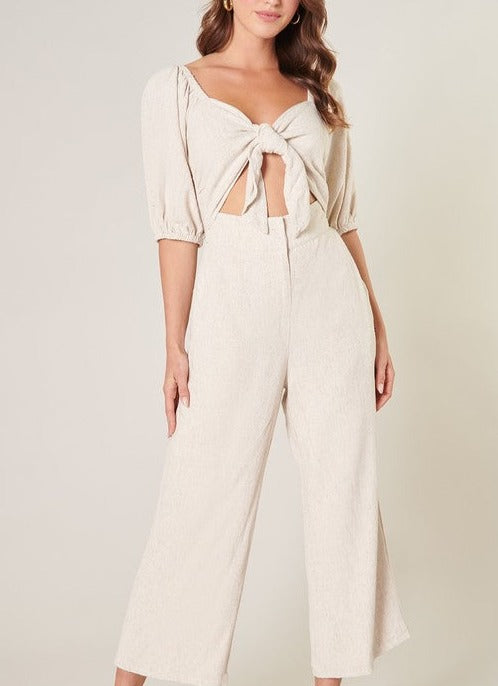 Linen Cut Out Tie Front Jumpsuit