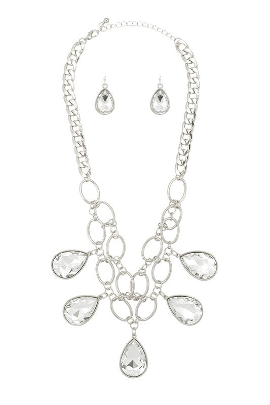Teardrop Crystal Charm Metal Statement Necklace Set (Pick Color)