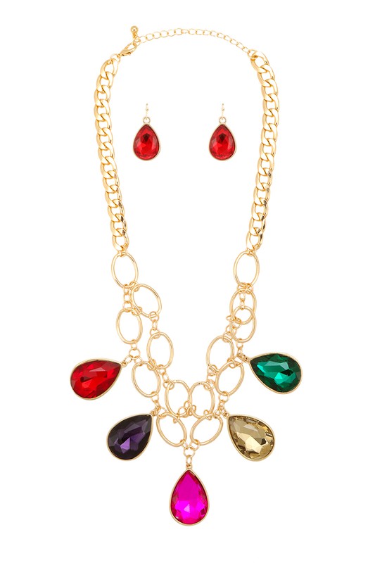 Teardrop Crystal Charm Metal Statement Necklace Set (Pick Color)