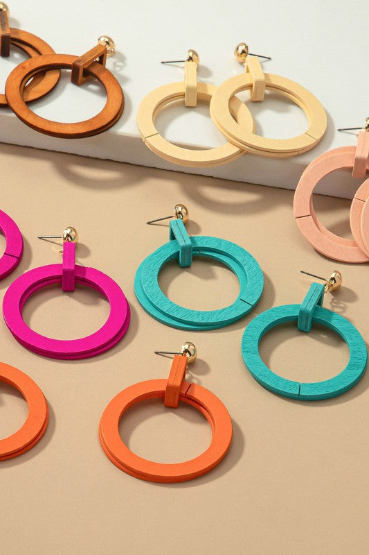 Double Layer Wood Hoop Drop Earrings (Pick Color)
