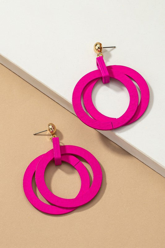 Double Layer Wood Hoop Drop Earrings (Pick Color)