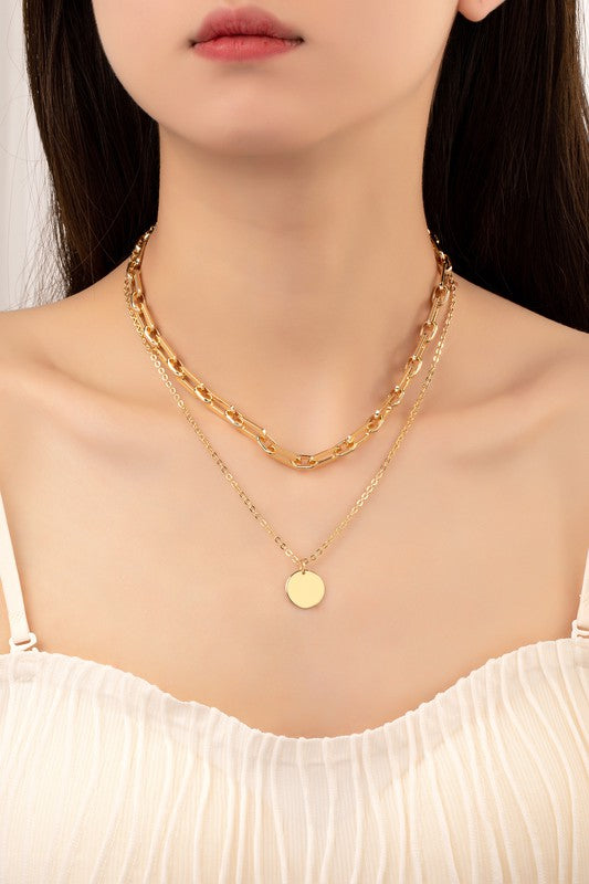 Two Row Mixed Chain Coin Pendant Necklace
