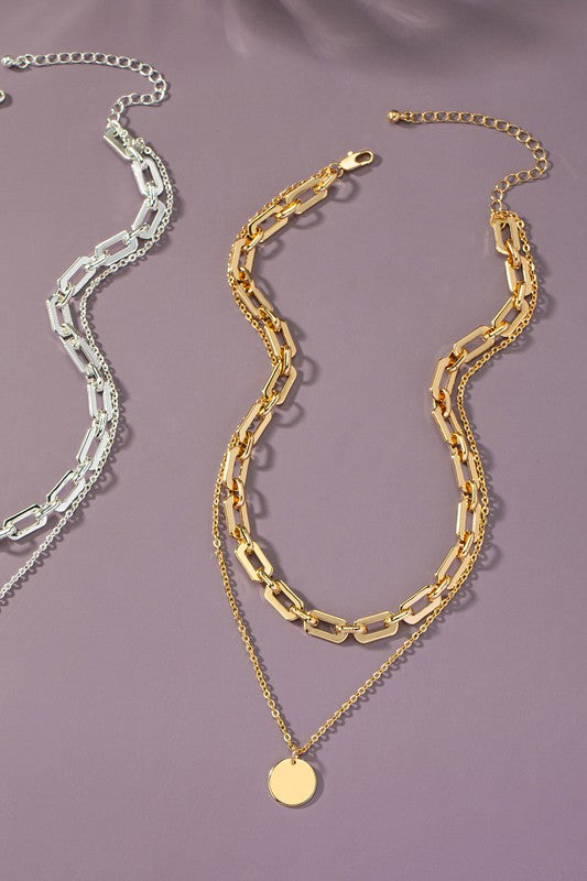 Two Row Mixed Chain Coin Pendant Necklace