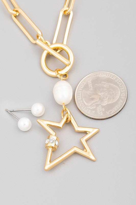 Toggle Chain Carabiner Star Pendant Necklace Set (Pick Color)