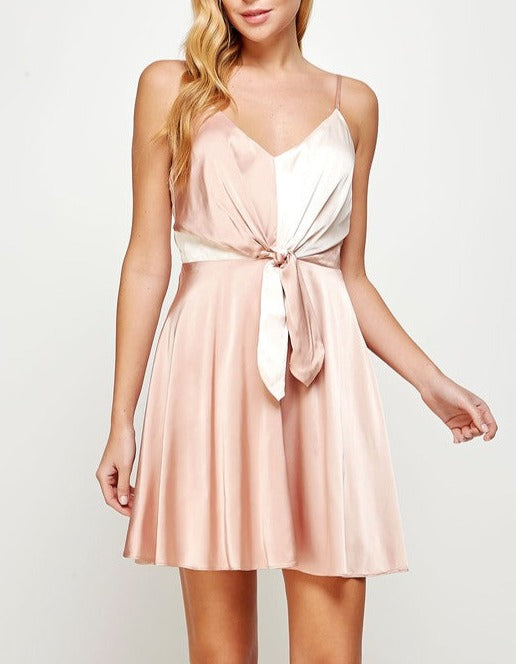 Front Tie Color Block Satin Mini Dress