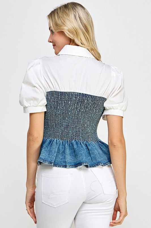 Denim Color Block Peplum Shirt