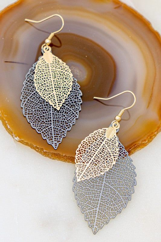 Double Filigree Leaf Delicate Stamping Earrings