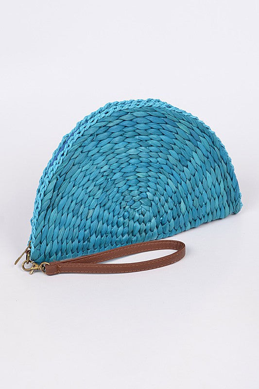 Half Circle Straw Teal Clutch