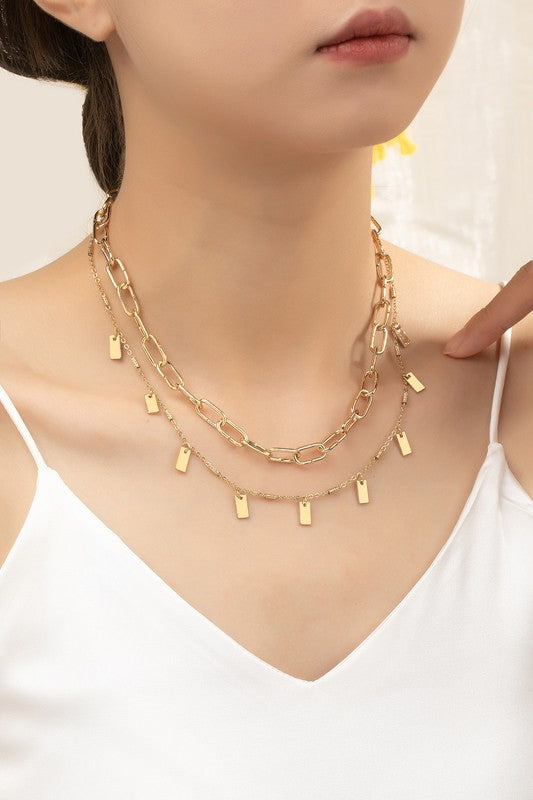 Two Row Chunky Chain Rectangular Drops Necklace