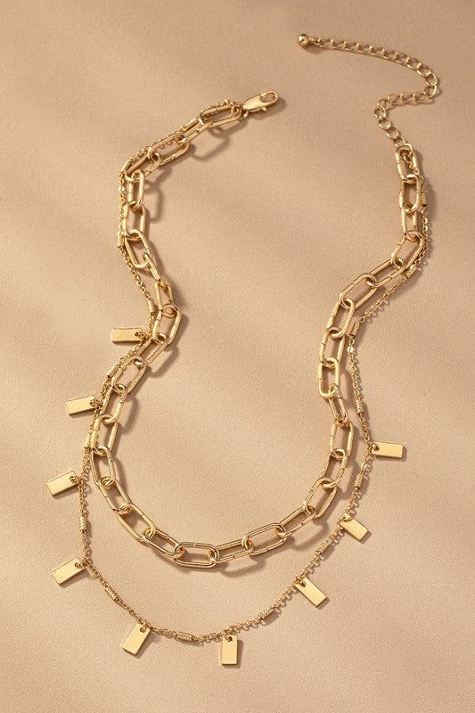 Two Row Chunky Chain Rectangular Drops Necklace