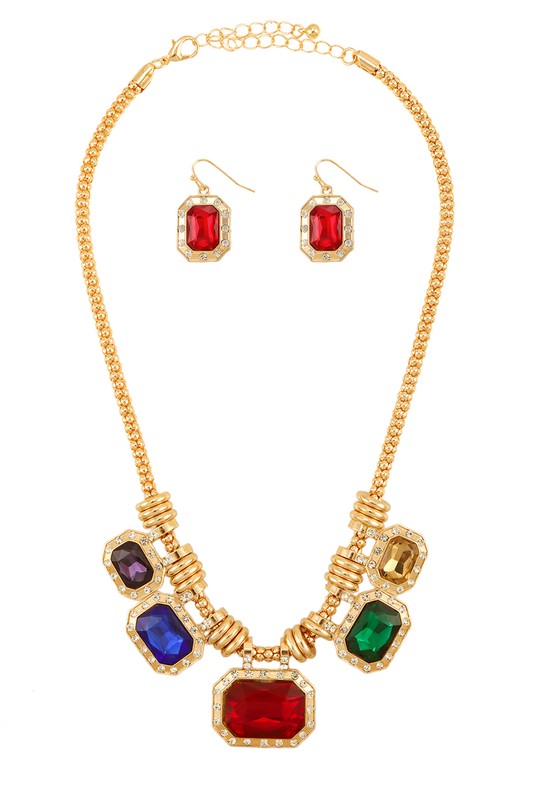 Square Crystal Charm Statement Necklace Set