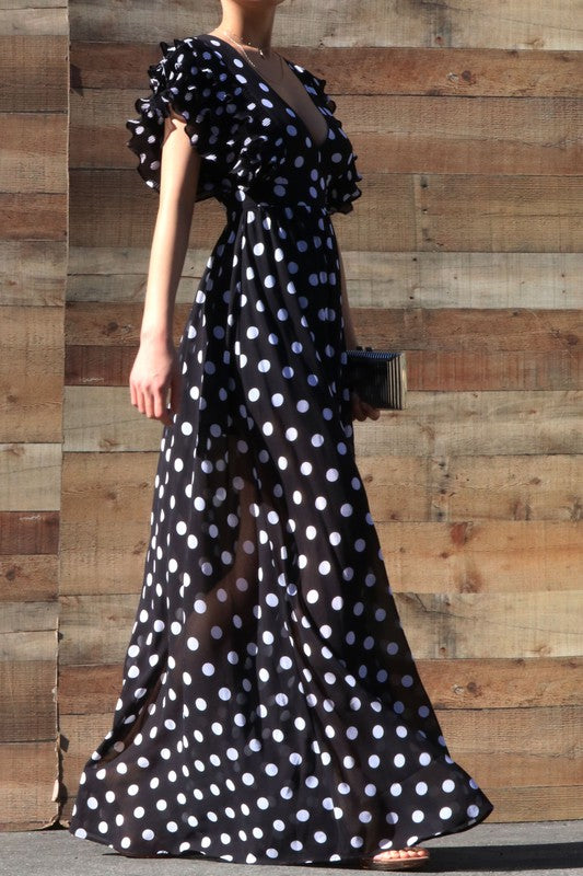 V Neck Ruffled Polka Dot Maxi Dress