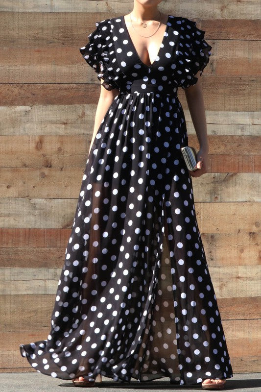 V Neck Ruffled Polka Dot Maxi Dress