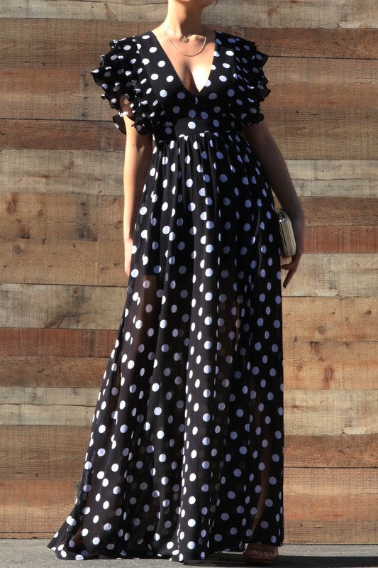 V Neck Ruffled Polka Dot Maxi Dress