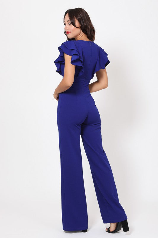 Layered Ruffle Shoulder Jumpsuit w/ Buckle Detail